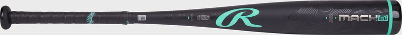 Side image of a black Rawlings Mach AI -10 USSSA bat with a mint "R" logo above the handle loading=