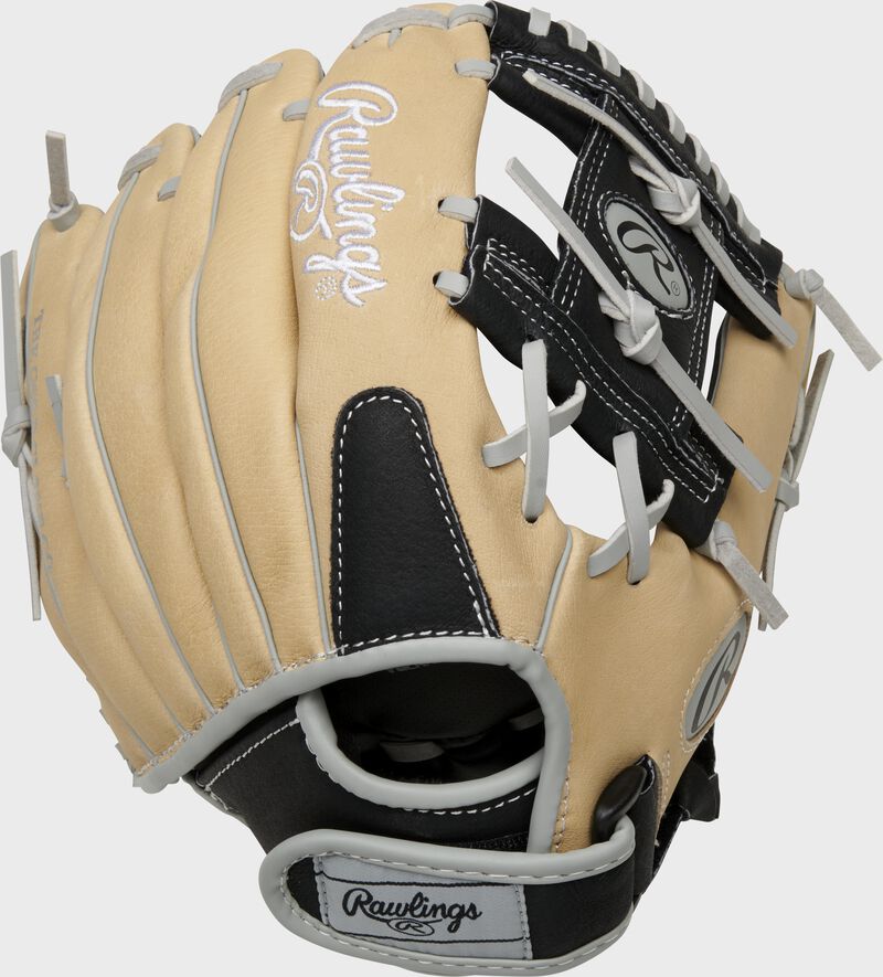 Back of a camel/black Sure Catch 11-Inch I-web glove with a silver Rawlings patch on the Velcro wrist strap - SKU: SC110BCI loading=