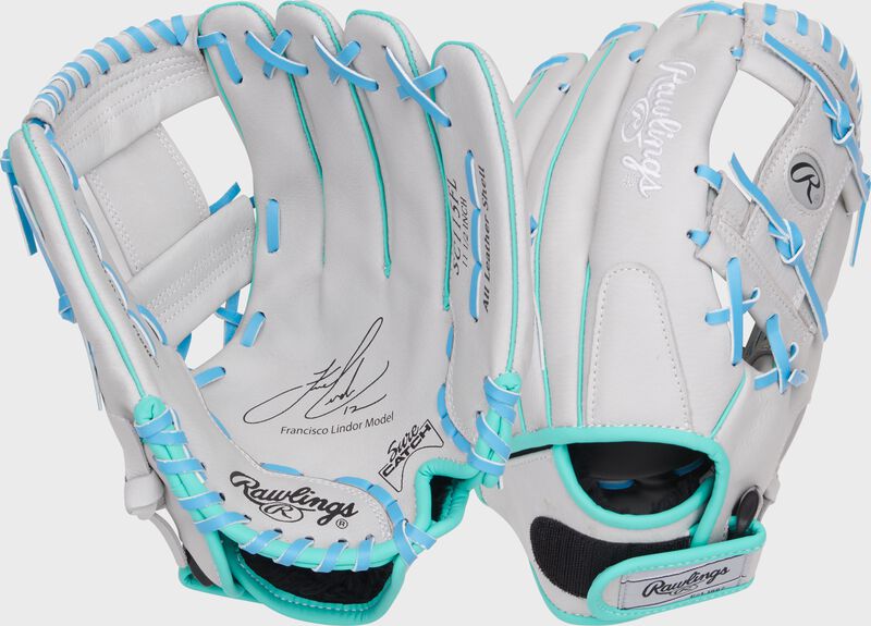 Two images showing the palm & back of a gray Sure Catch Francisco Lindor glove loading=