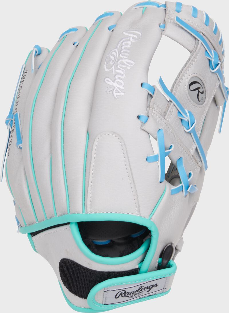 Back of a gray Sure Catch Francisco Lindor glove with a Velcro strap back loading=