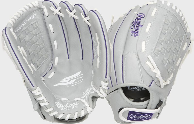 Two images showing the palm & back of a gray Sure Catch softball 12.5" youth glove loading=