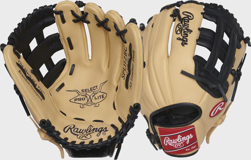 Two images showing the palm & back of a camel Select Pro Lite 11.25" Brandon Crawford youth glove loading=