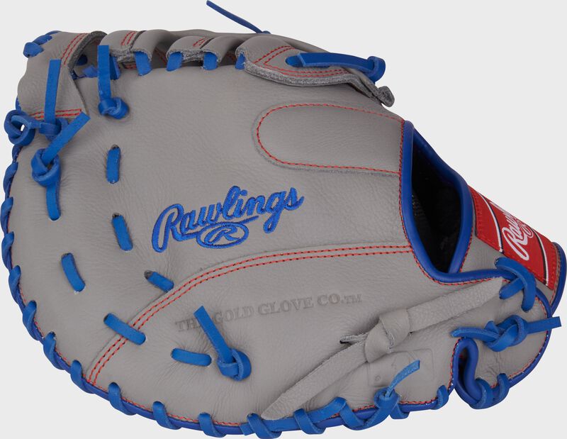 Back of a gray Freddie Freeman Select Pro Lite First Base Mitt with the MLB logo on the pinky loading=