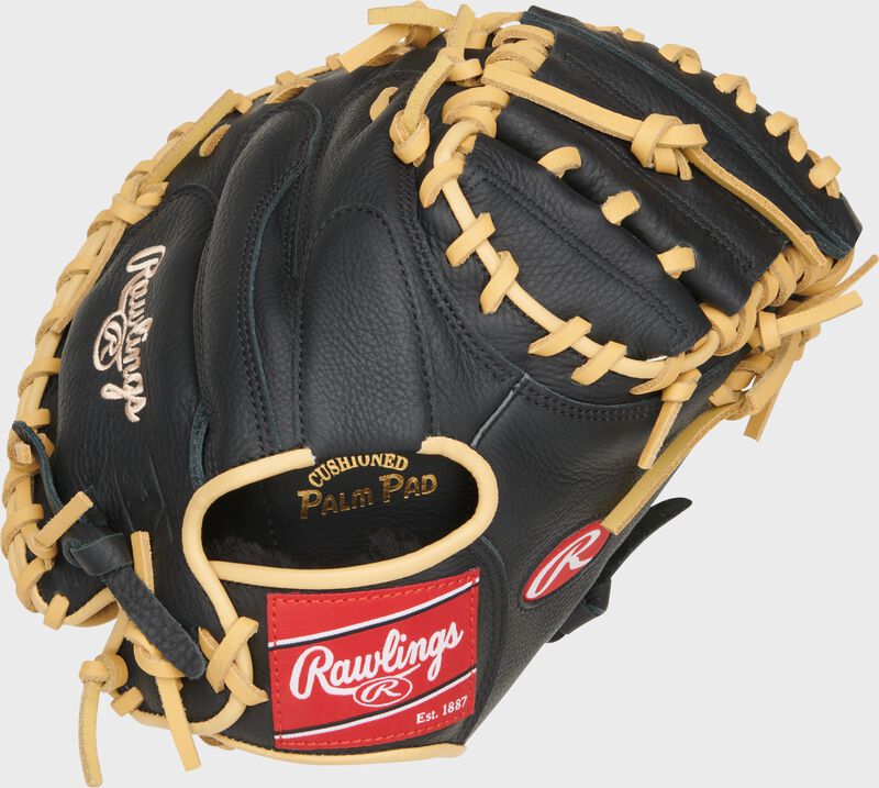 Back of a black Adley Rutshman Select Pro Lite 32" Catcher's Mitt with a red Rawlings patch loading=