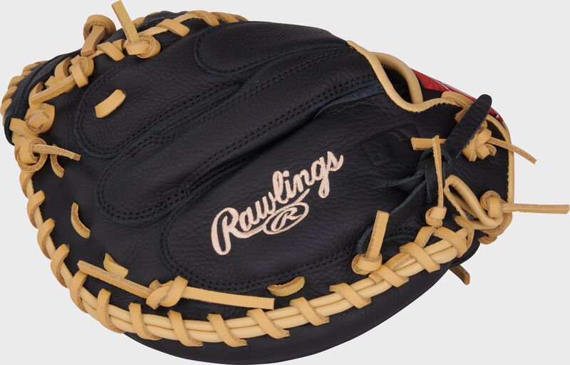 Back of a black Adley Rutshman Select Pro Lite 32" Catcher's Mitt with the MLB logo on the pinky loading=