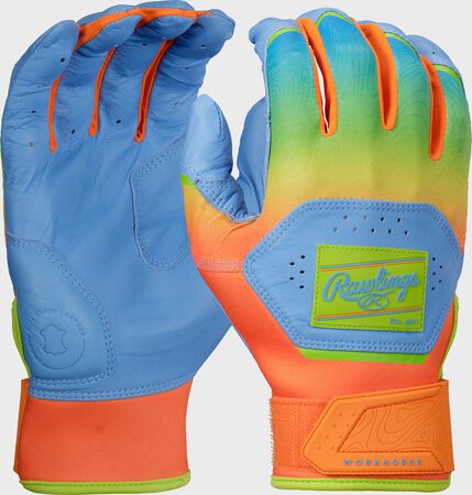 Rawlings Workhorse Columbia Blue/Orange Adult Fun Burst Batting Gloves